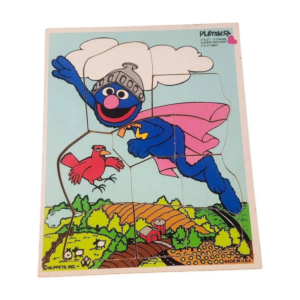 Lot - 2 Vintage Playskool Super Grover Puzzle & Sesame Street Big Bird 70's 90's